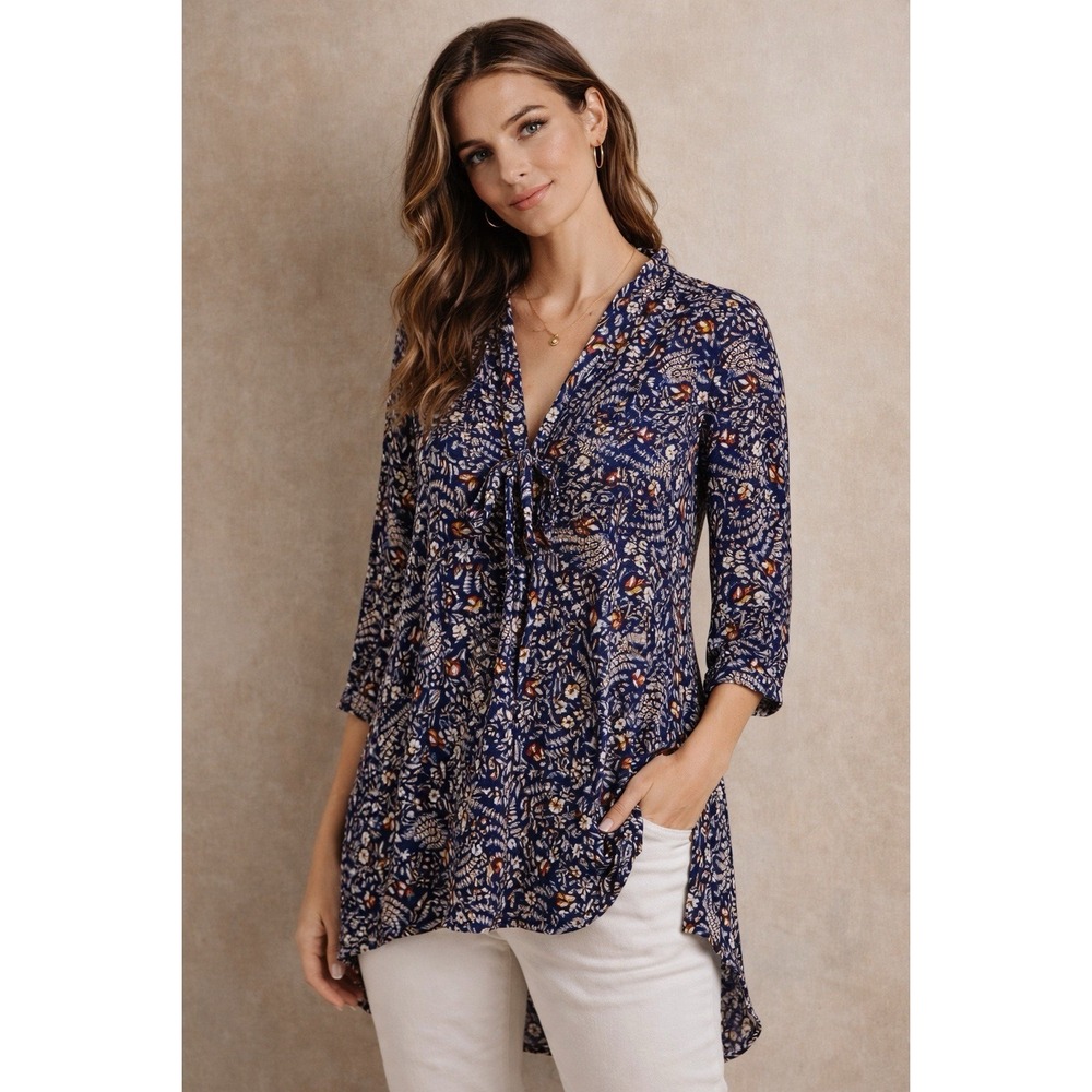 Anthropologie Maeve Tie Neck 3/4 sleeve Swing Navy Floral Tunic Boho Women's S